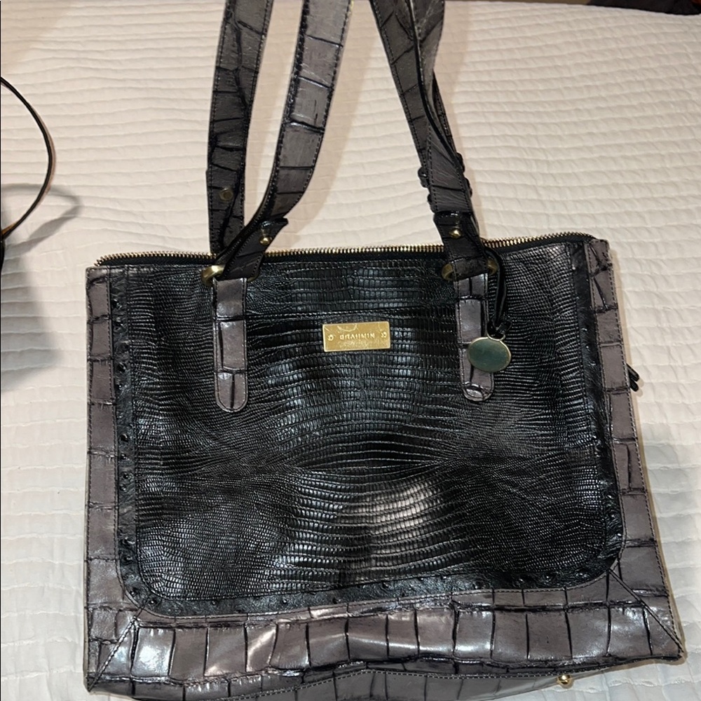 Brahmin Black Shoulder Bag with Croc Embossed Texture